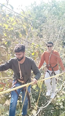 Team members on a rope bridge during the office trip